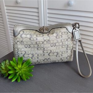 Vintage Y2K Coach Metallic Silver Signature print Turnlock wristlet pouch